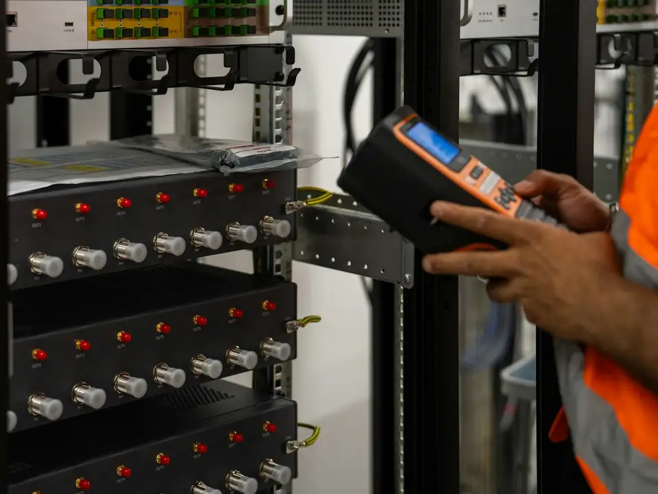 Técnico de colete laranja conferindo um rack de servidores com um aparelho de teste